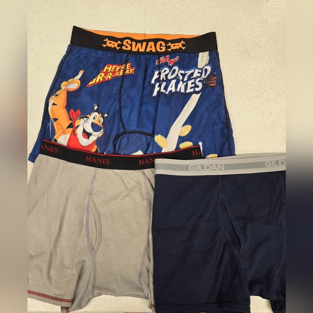 3 Pair Of Men's Underwear. Size Large. 1 Is Gildan, 1 Is Hanes And 1 Is Kelloggs